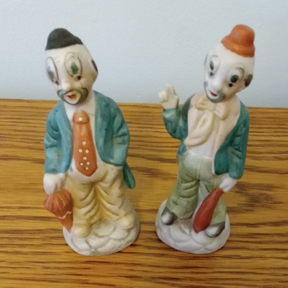 Porcelain Bisque Old Men Clown Figurines Set Of 2 Dressed Up